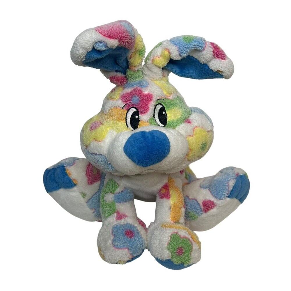 Dan Dee White Stuffed Plush Easter Bunny Rabbit Colorful Groovy Flowers 12"
